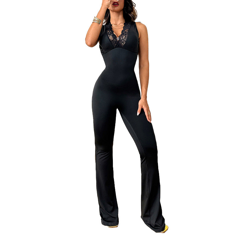 European And American Style Street Hot Girl Versatile V-neck Lace Trim Jumpsuit Flared Pants