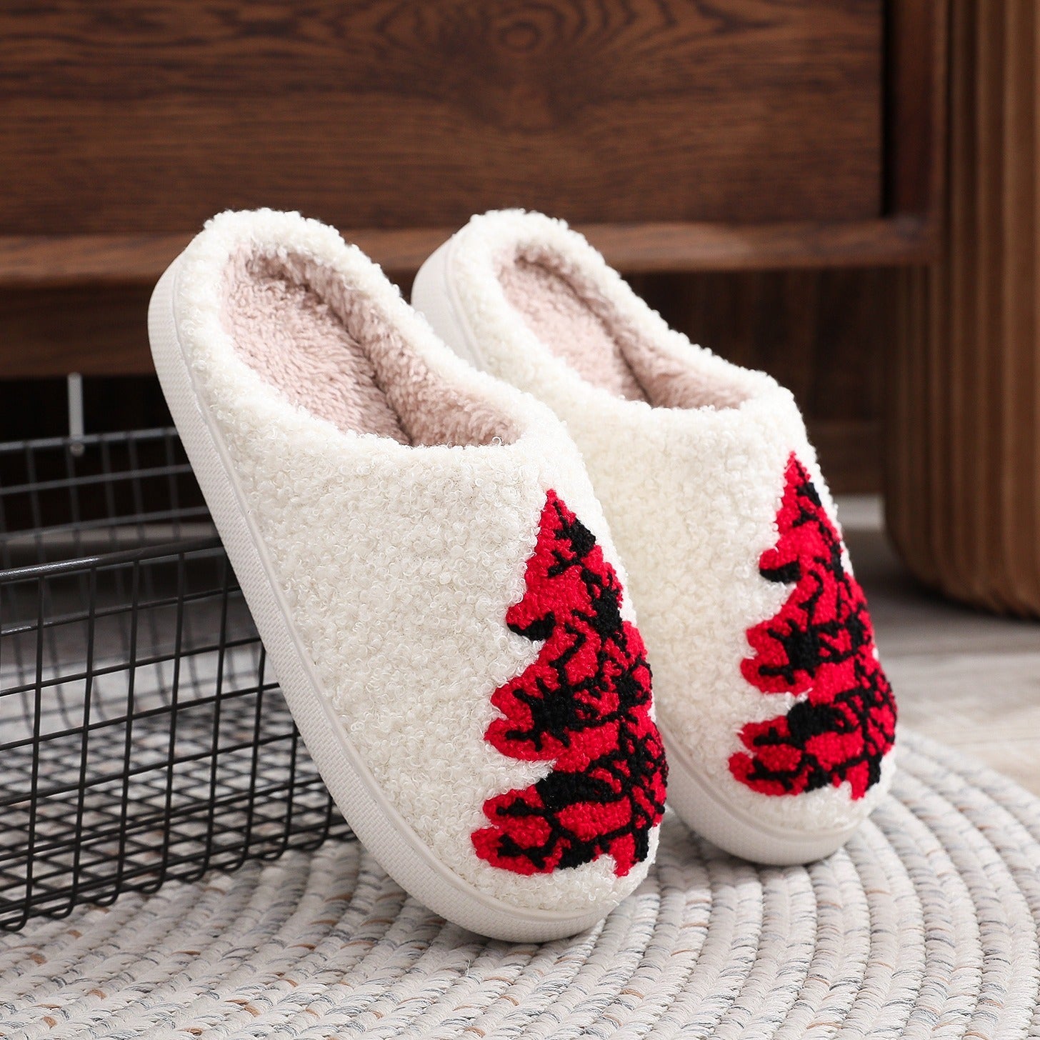 Soft Fleece Lined House Slippers with Red and Black Christmas Trees