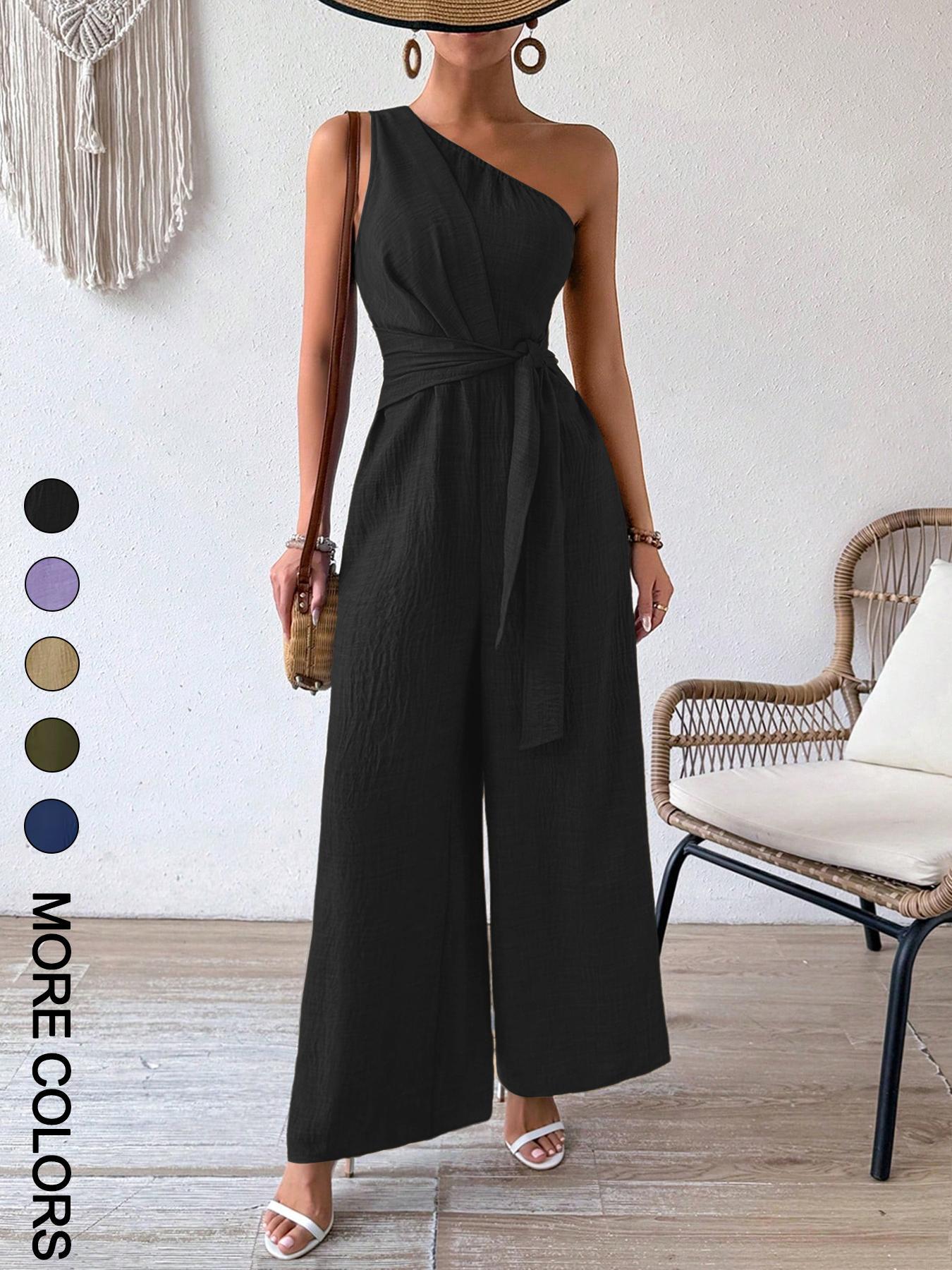Women's Casual Wide-leg Jumpsuit With Shoulder Strap And Waist Tie