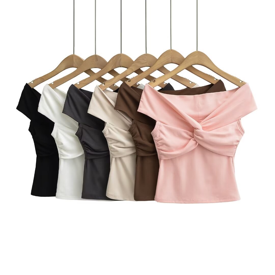 Pleated Twisted Layered Short Sleeve Stretch Top For Casual Outfits