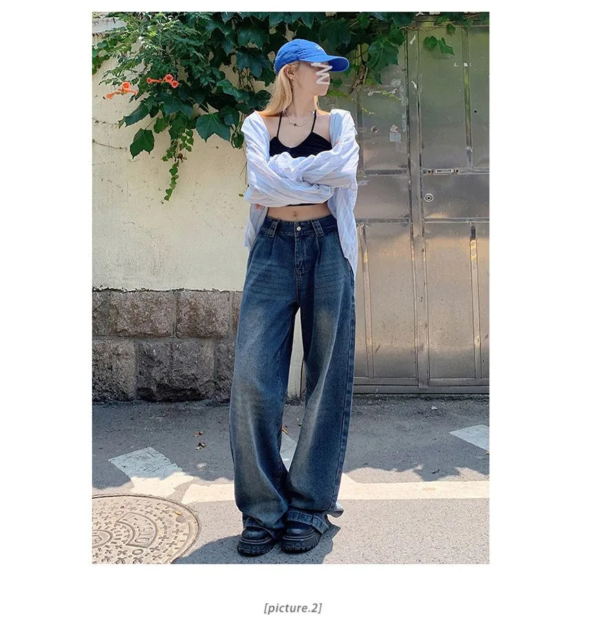 Mid-Rise Washed Wide-Leg Jeans with Relaxed Fit-Theone Apparel