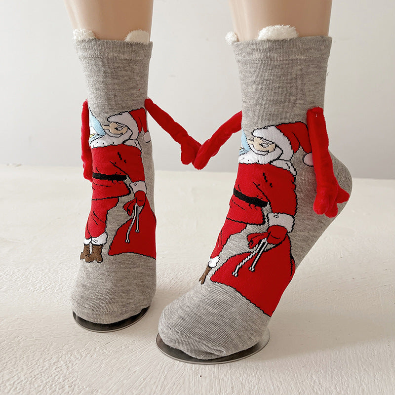 Cute Magnetic Hand Holding Christmas Themed Ankle Socks for Couples