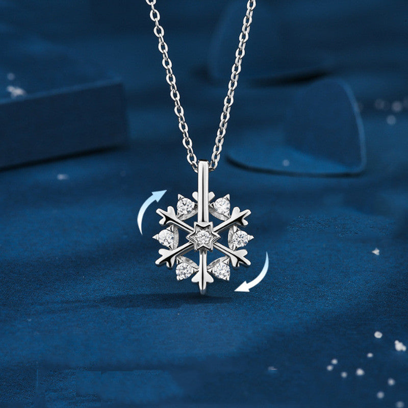 925 SIlver Glamorous Rhinestone Spinning Snowflake Women's Chain Pendant Necklace in Assorted Finishes-Theone Apparel