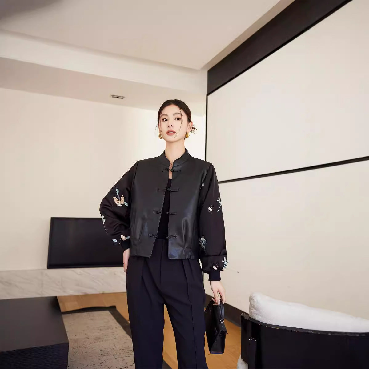 Black Retro Stitching Short Leather Coat For Women