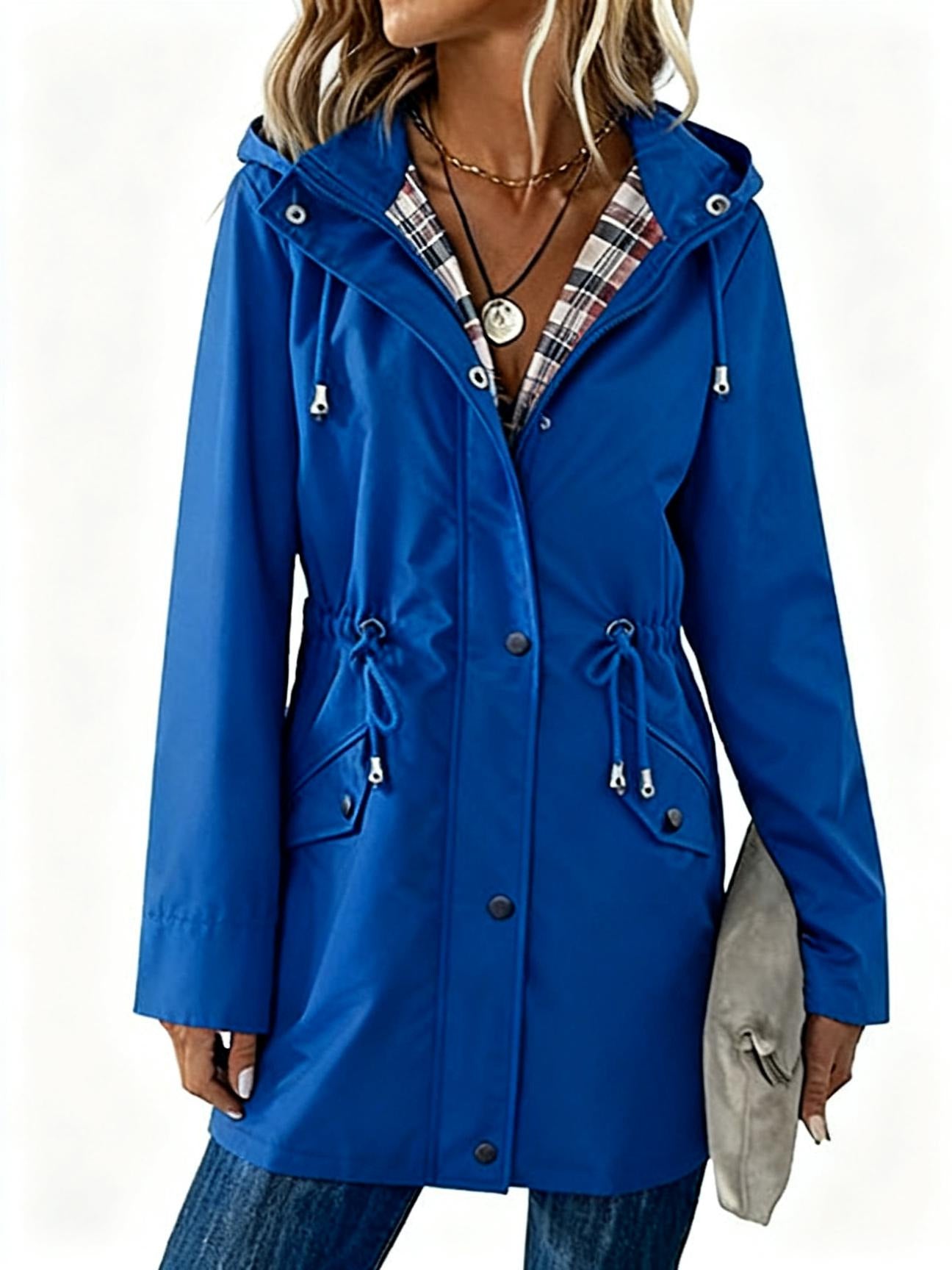 Ladies Hooded Drawstring Nipped-waist Plaid Coat