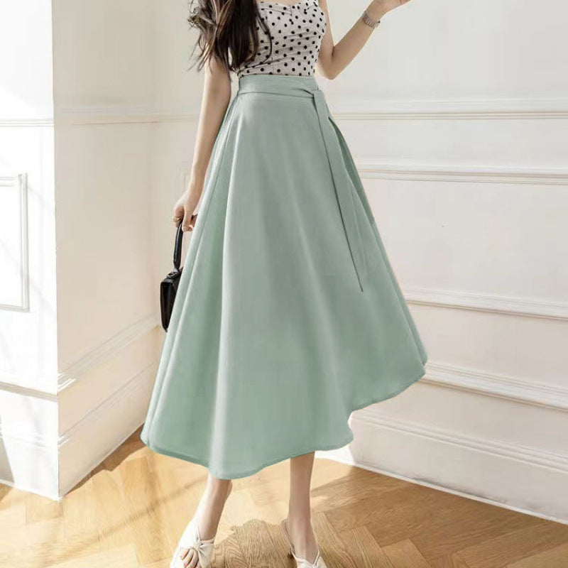 A-Line Mid Length Skirt With Flowing Large Hem-Light Green-Theone Apparel