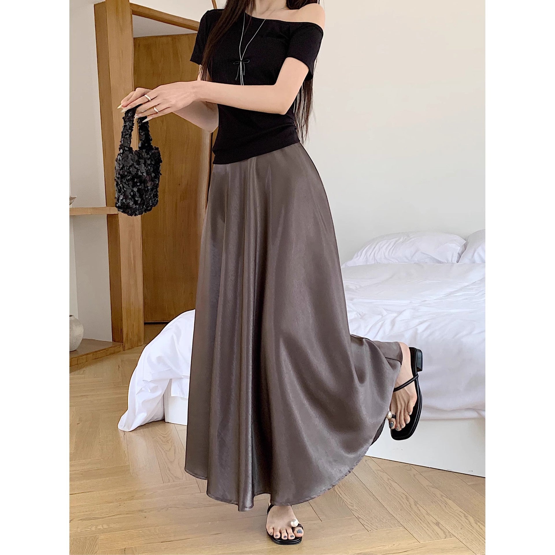 Acetate Satin Draped Skirt For Casual Versatile Styling-Theone Apparel