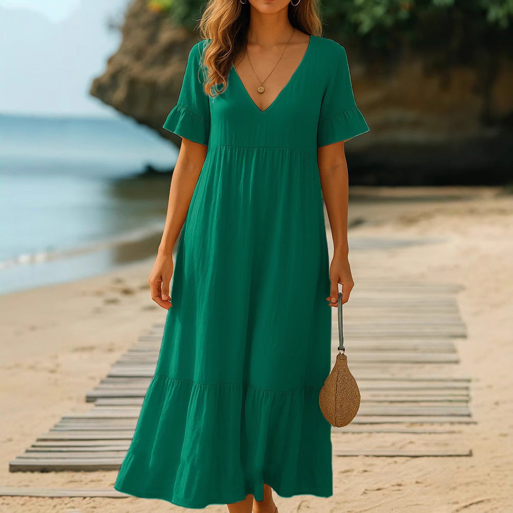 Chic V-Neck Solid-Color Dress with Multicolor Stitching Accents-Theone Apparel