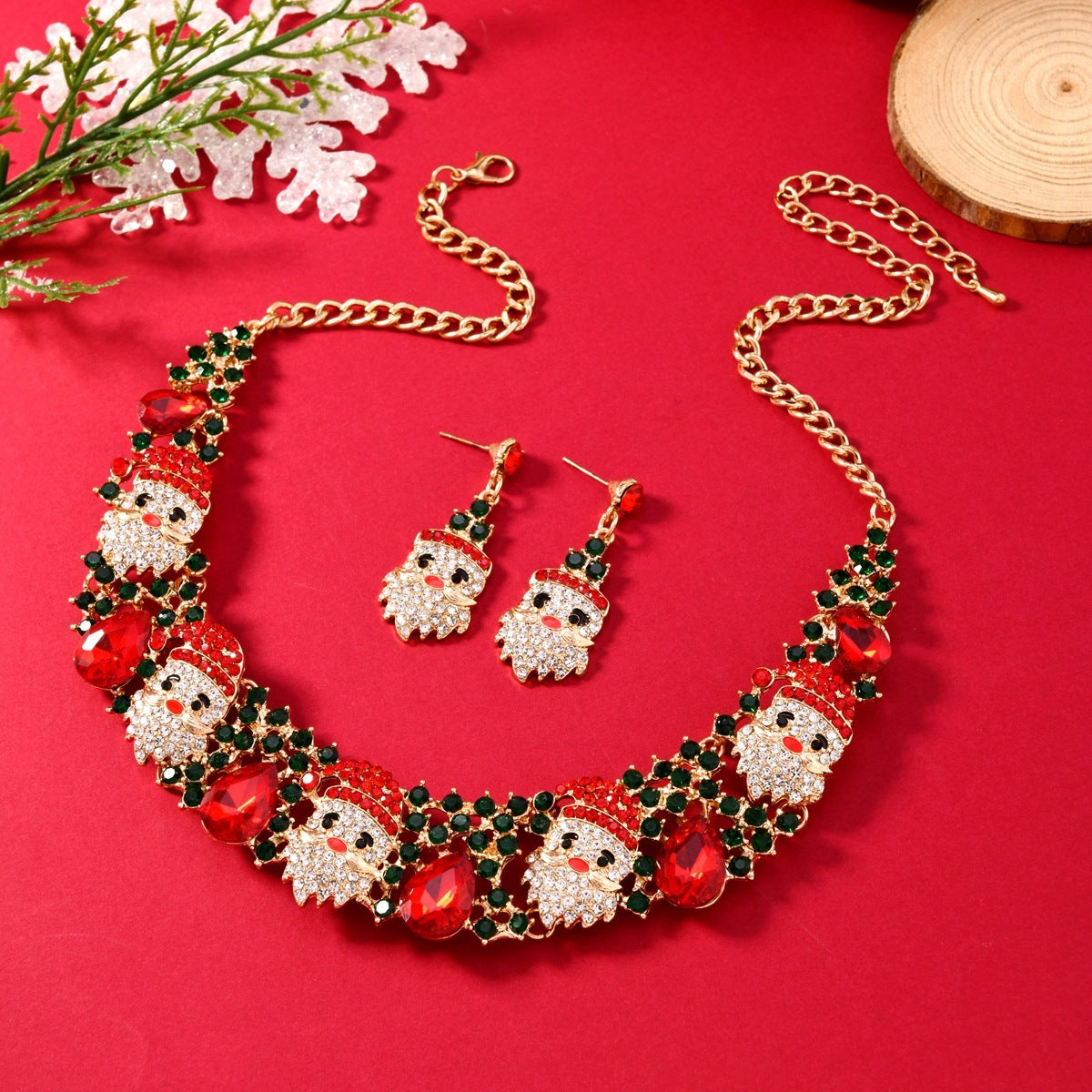 Christmas Santa Claus Rhinestone Collar Necklace & Dangle Post Earrings Set-Theone Apparel