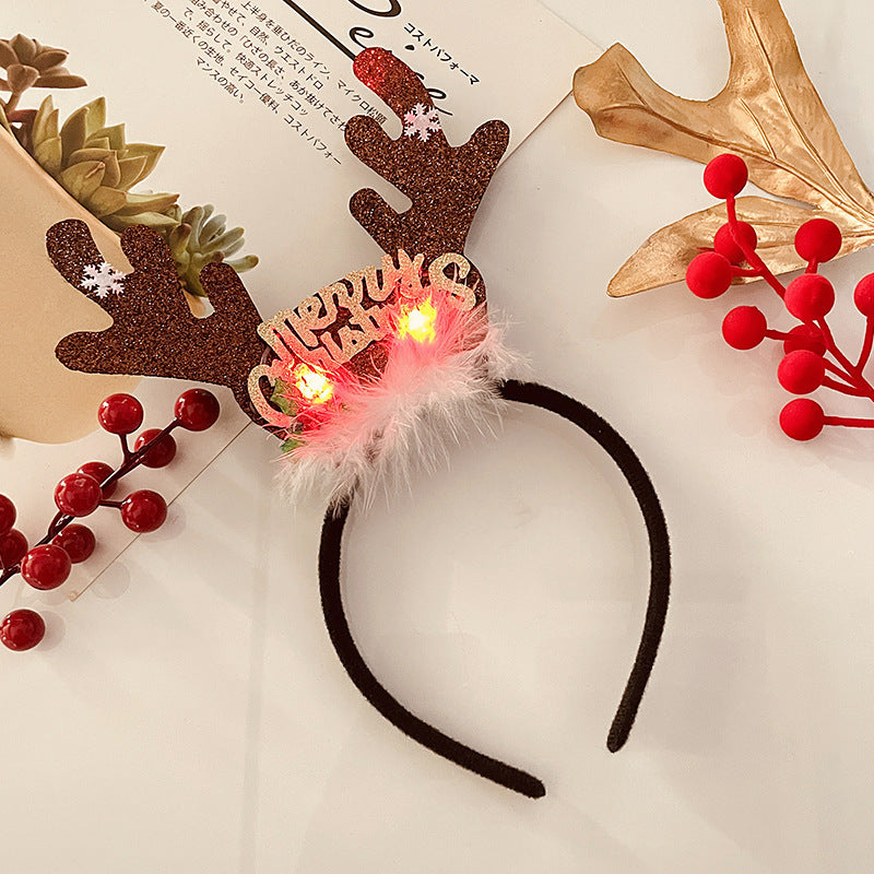 Christmas Tree Headband Hat with LED String Lights-30 Brown Antlers White Fur-Theone Apparel