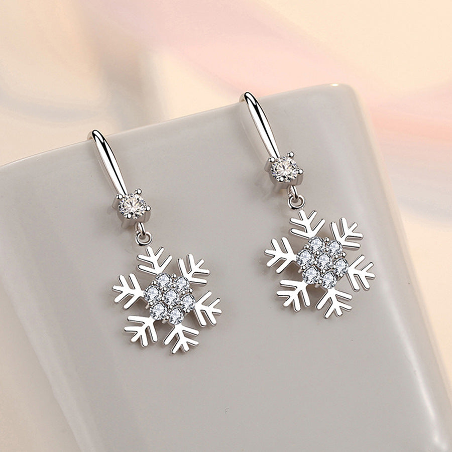 Christmas Winter White Gold-Tone Diamante Rhinestone Snowflake Dangle Earrings-White Gold-Theone Apparel