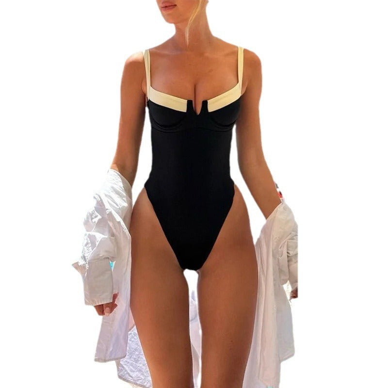 Contrast-Color One-Piece Swimsuit for Bold Summer Beach Statements-Black-Theone Apparel
