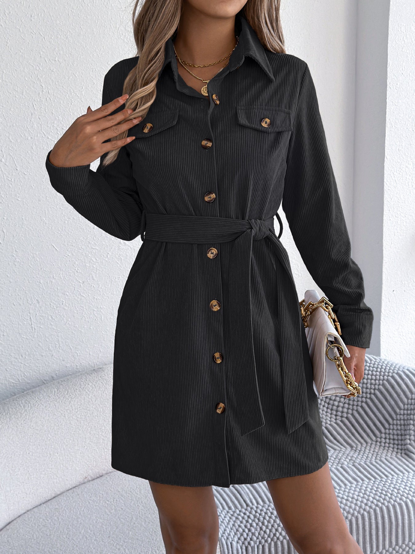 Cozy Corduroy Shirt-Dress with Lace-Up Detail and Single-Breasted Style-Black-Theone Apparel