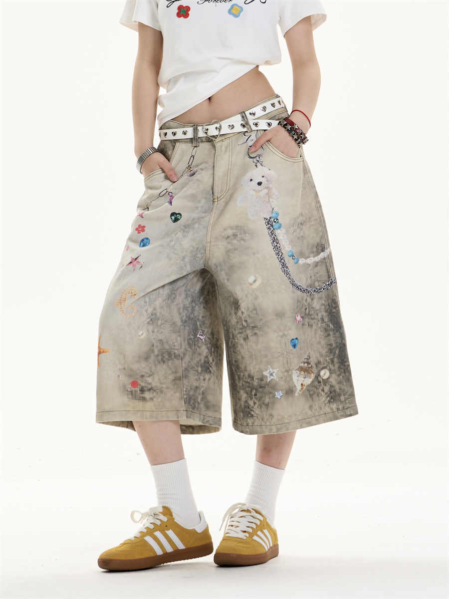 Creative Cropped Wide-Leg Jeans with Printed Art Flourish-Theone Apparel