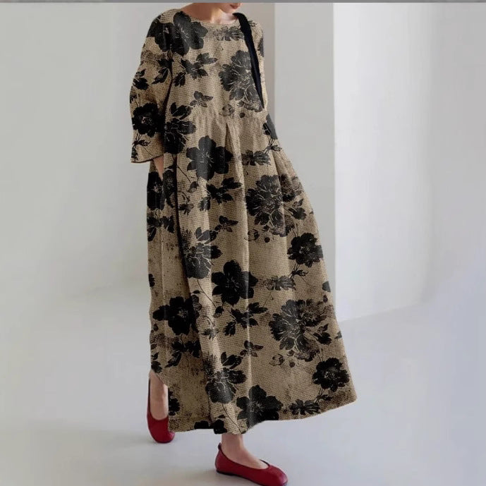 Creative Three-Quarter Sleeve Floral Dress with Relaxed Silhouette-Theone Apparel