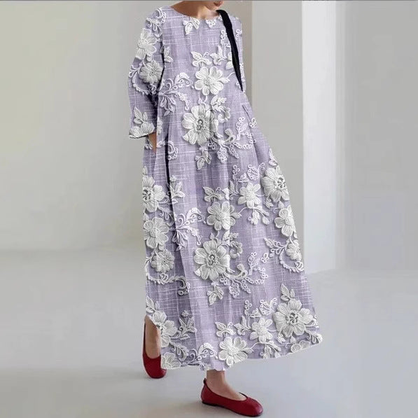 Creative Three-Quarter Sleeve Floral Dress with Relaxed Silhouette-Theone Apparel