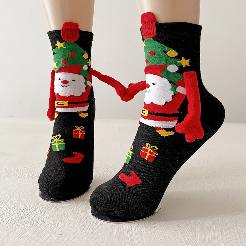 Cute Magnetic Hand Holding Christmas Themed Ankle Socks for Couples-Black Santa Claus-Theone Apparel