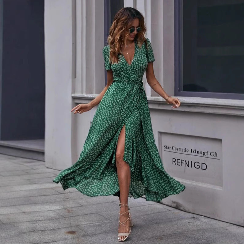 Elegant Ruffled V-Neck Chiffon Dress with Tied Waist Detail-Theone Apparel