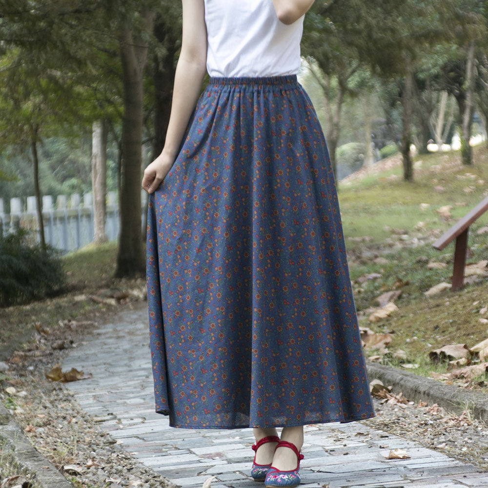 Ethnic Style Cotton Linen Swing Skirt With Elastic Waist-Theone Apparel
