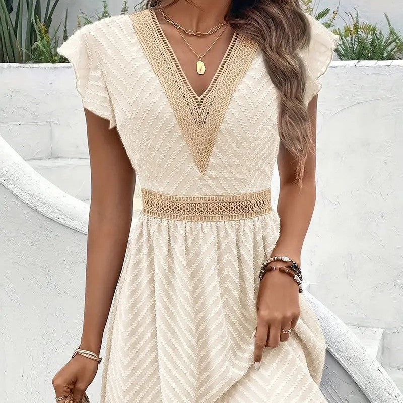 French Lace Patchwork Waistband Dress with Elegant Flair-Theone Apparel