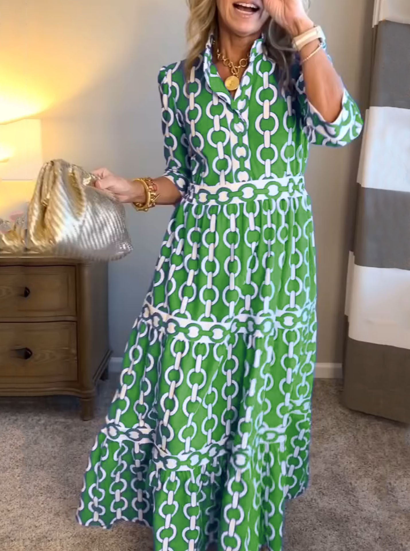 Geometric Print Maxi Dress with Round Neck for Spring & Summer-Theone Apparel