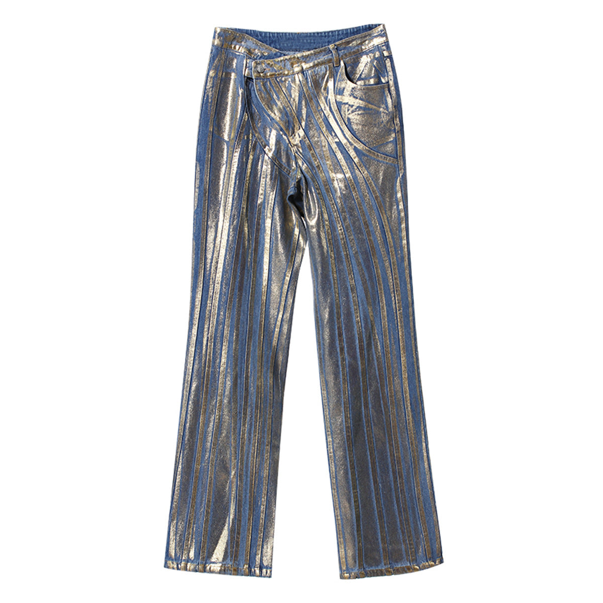 Gilded Slant-Buckle Jeans with Silver Brush Detailing-Blue-Theone Apparel