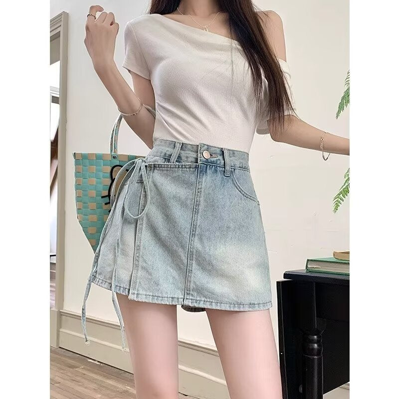 High Waist Denim Skirt Shorts For Playful Summer Outfits-Light Blue-Theone Apparel