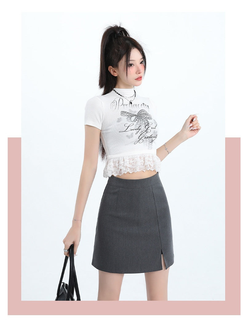 High Waist Gray Slit Skirt With Anti Exposure Design-Theone Apparel