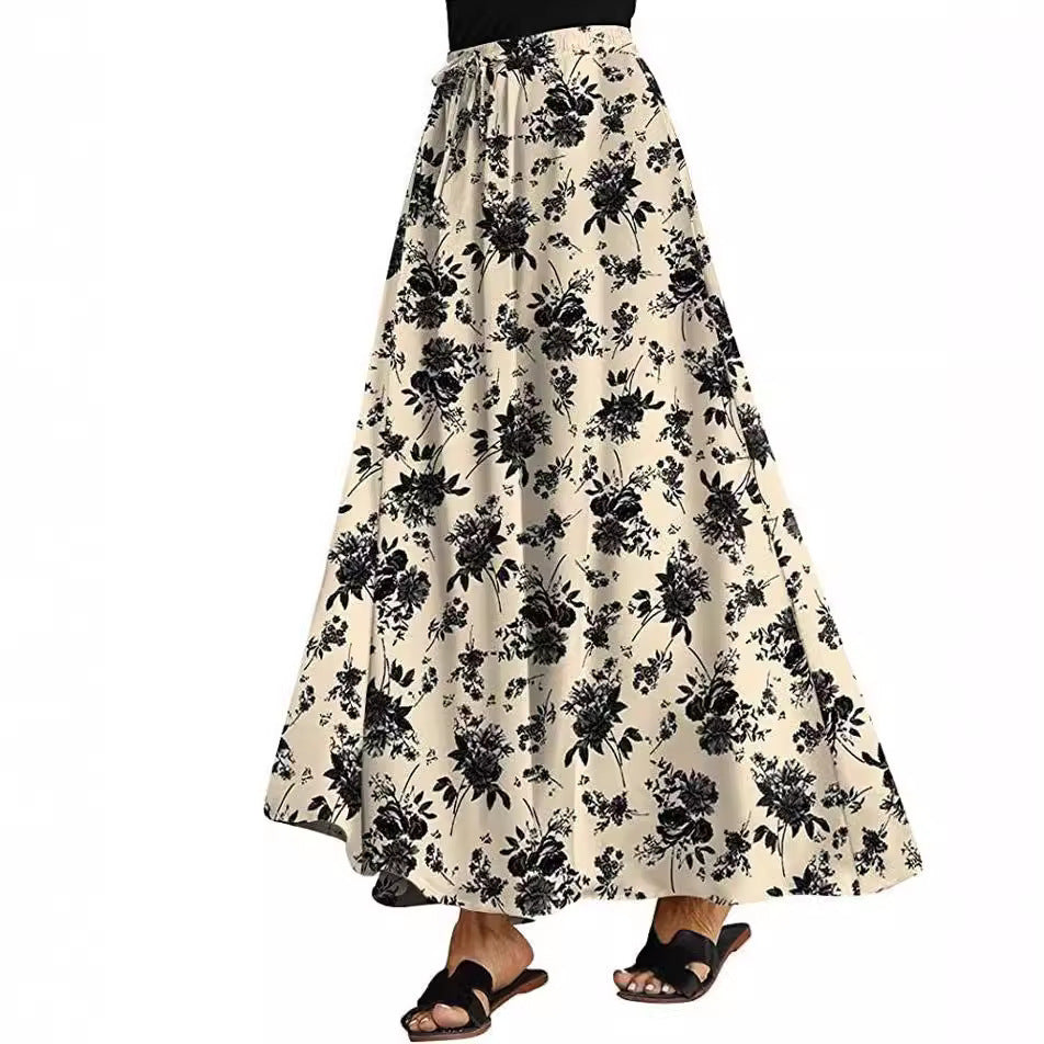 High Waist Lace Print Swing Skirt With Double Pockets-White/Black-Theone Apparel