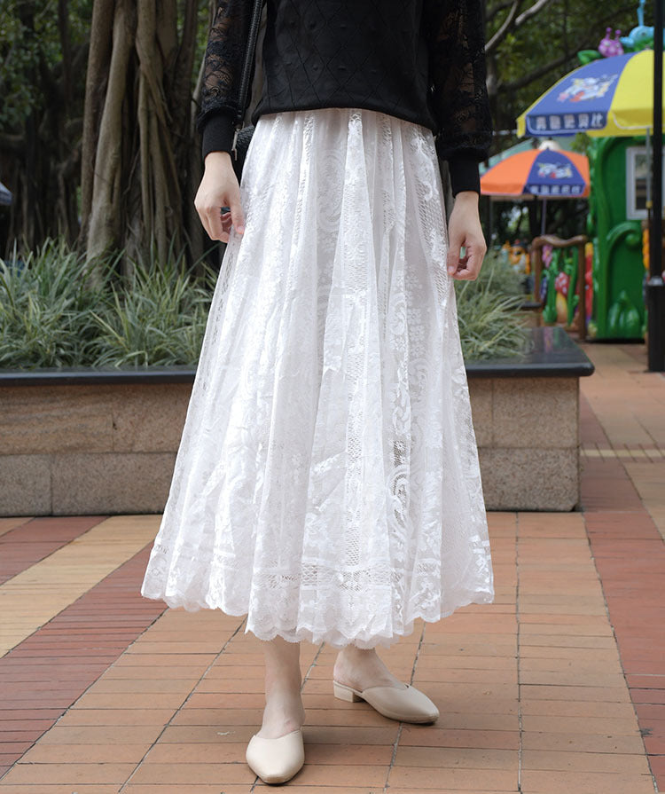 Korean Style High Waist Crocheted Lace Skirt For Delicate Beauty-White-Theone Apparel