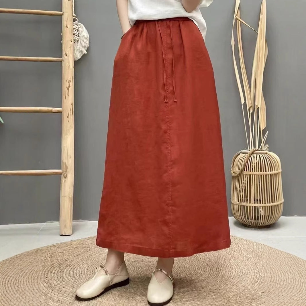 Lace Up Linen High Waist Skirt With Back Slit-Theone Apparel
