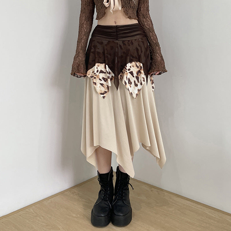 Leopard Print Mesh Pleated Skirt With Irregular Hem-Theone Apparel