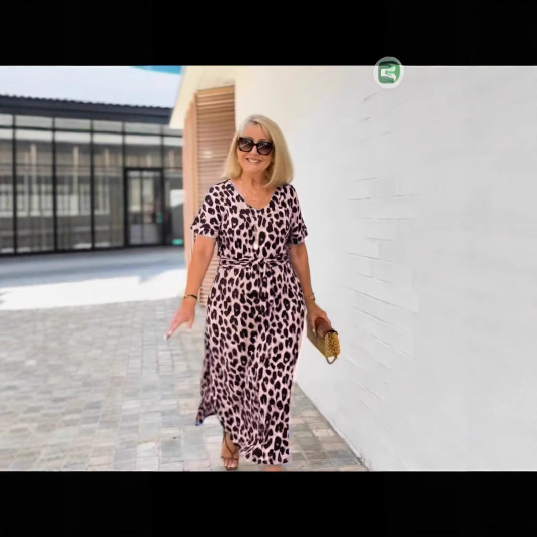 Leopard Print Short-Sleeve V-Neck Dress for Wild Charm-Theone Apparel