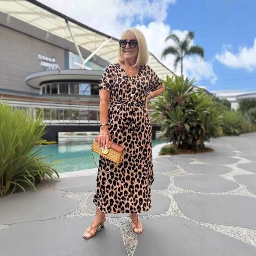 Leopard Print Short-Sleeve V-Neck Dress for Wild Charm-Amber-Theone Apparel