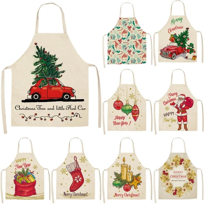 Merry Christmas Cotton-Linen Blend Self-Tie Adjustable Apron in Assorted Styles-Theone Apparel
