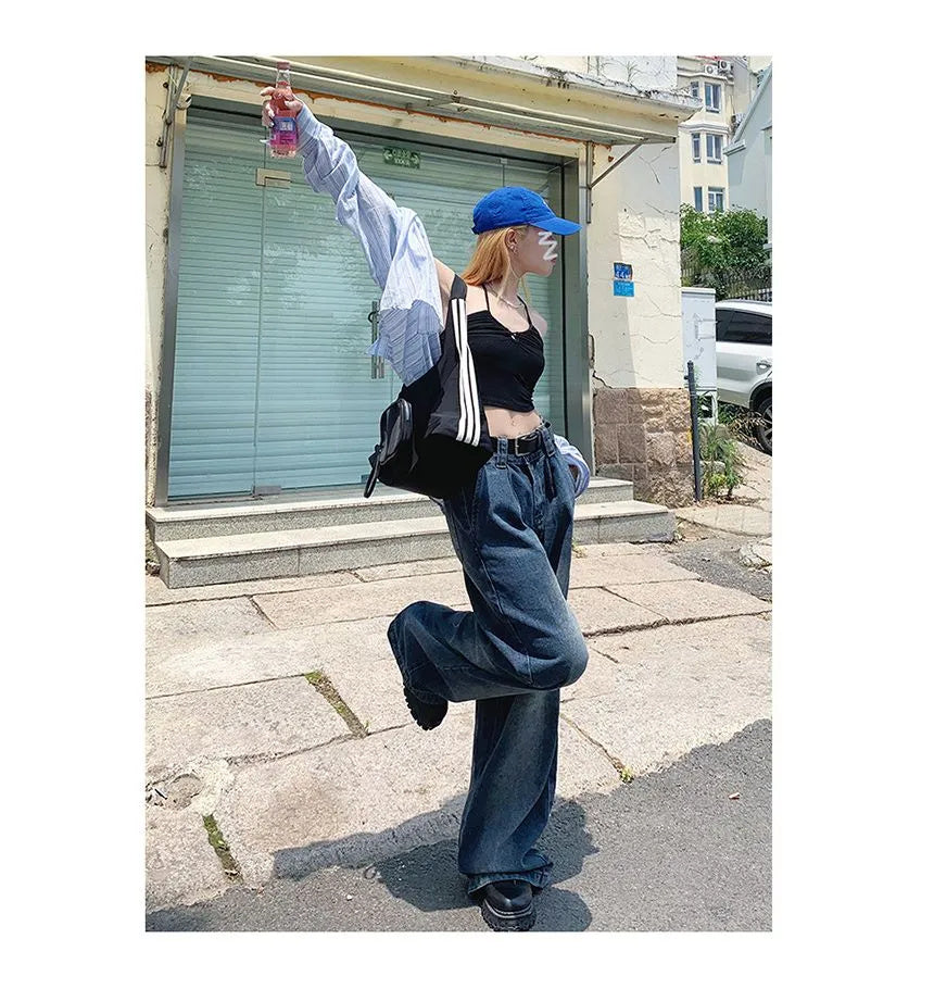 Mid-Rise Washed Wide-Leg Jeans with Relaxed Fit-Theone Apparel