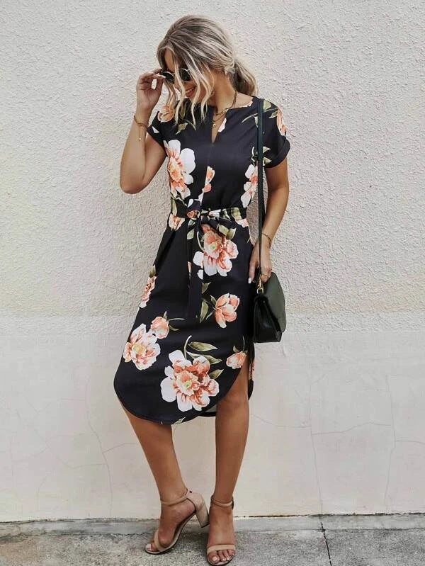 Modern Intriguing Lace-Up Side-Slit Dress with Bold Printed Details-Pink-Theone Apparel