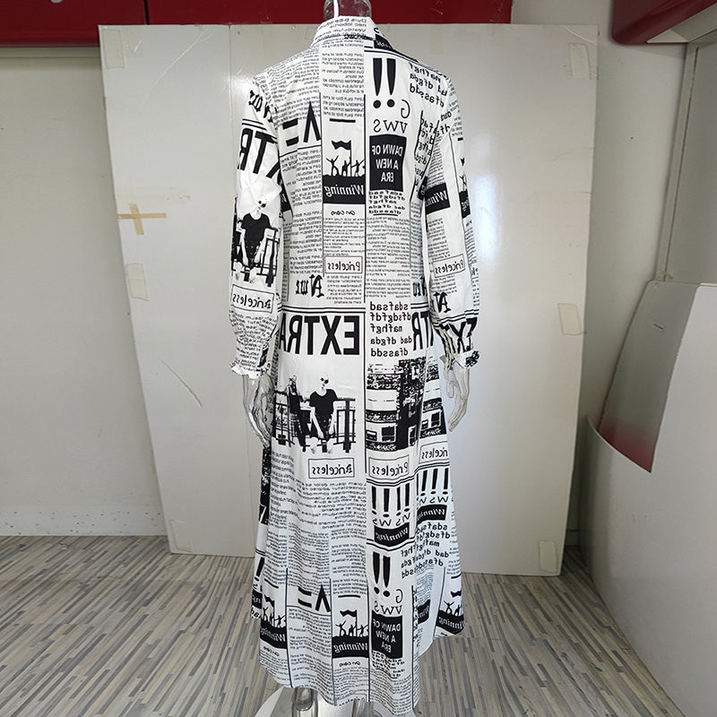 Newspaper Print Shirt Dress with Relaxed Button-Down Appeal-Theone Apparel