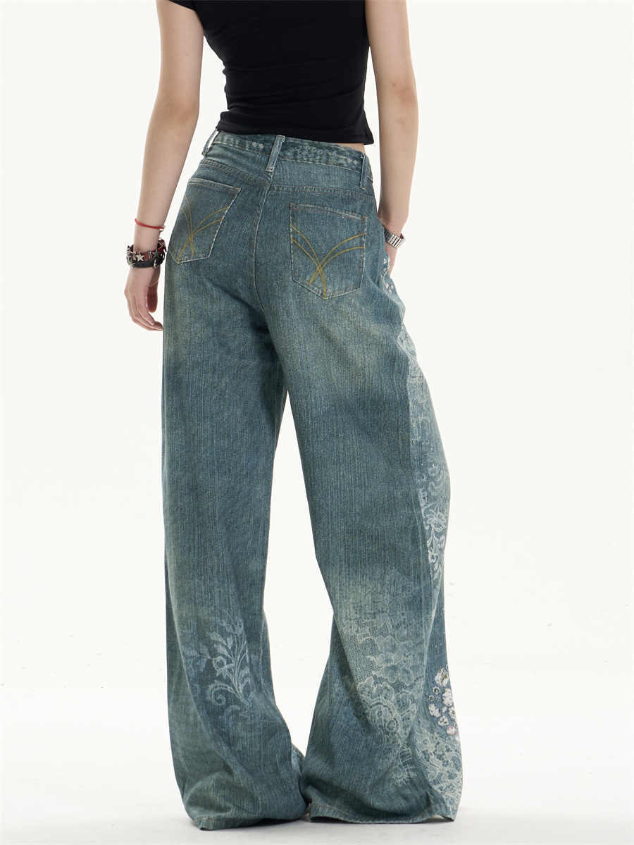 Playful Bowknot Print Wide-Leg Jeans with Feminine Twist-Theone Apparel