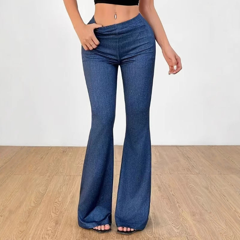 Printed Bell-Bottom Denim Pants with High Waist Fit-Theone Apparel