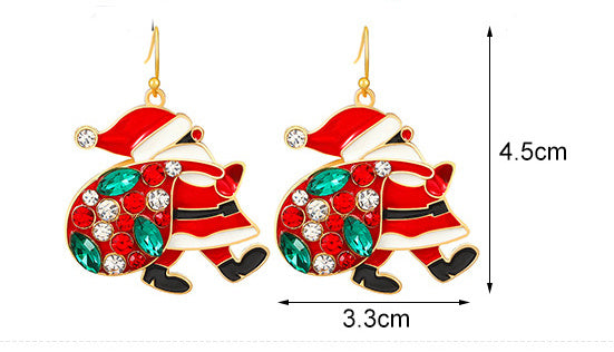 Red & Green Christmas Enamel Rhinestone Santa Carrying Sack Dangle Earrings-Theone Apparel