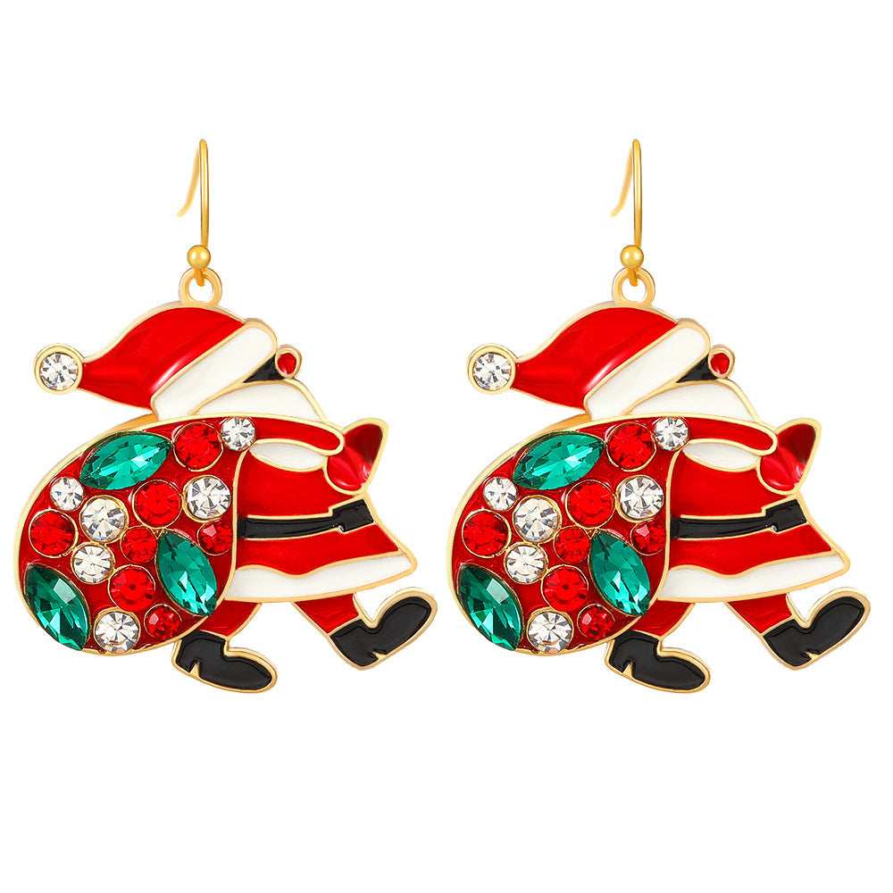 Red & Green Christmas Enamel Rhinestone Santa Carrying Sack Dangle Earrings-Gold-Theone Apparel