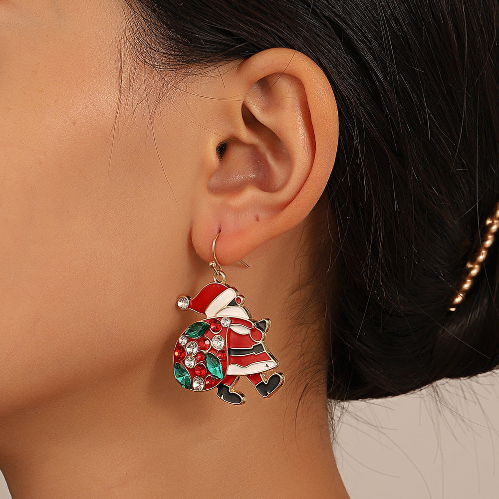 Red & Green Christmas Enamel Rhinestone Santa Carrying Sack Dangle Earrings-Theone Apparel