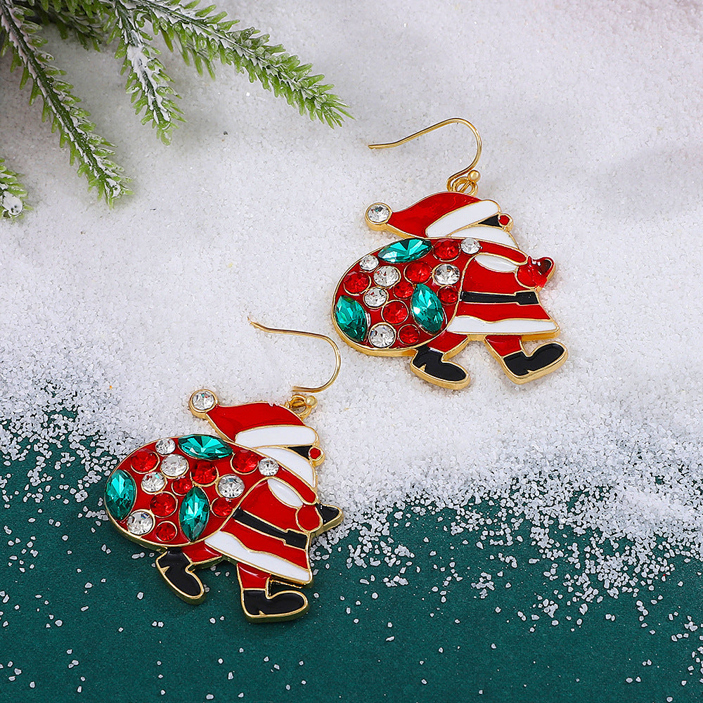 Red & Green Christmas Enamel Rhinestone Santa Carrying Sack Dangle Earrings-Theone Apparel