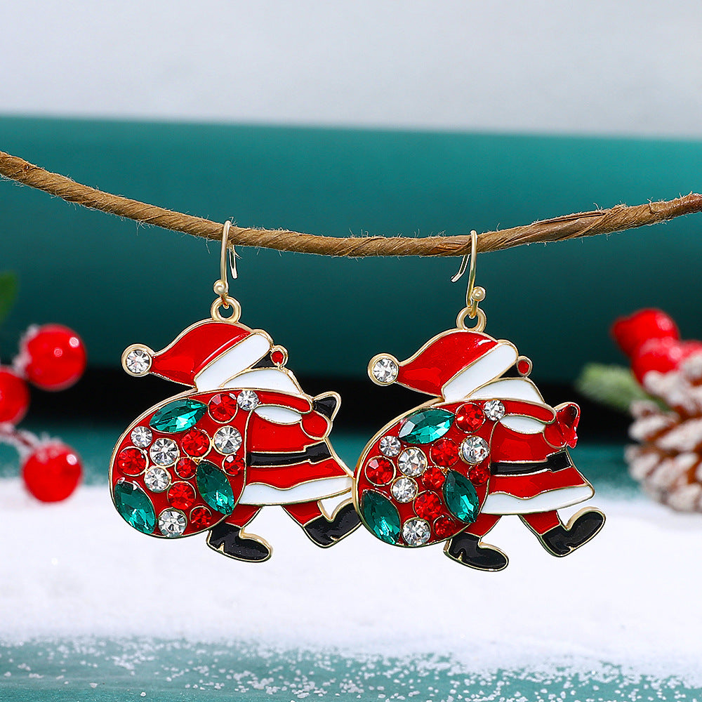 Red & Green Christmas Enamel Rhinestone Santa Carrying Sack Dangle Earrings-Theone Apparel