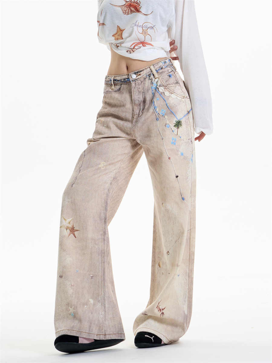 Retro Chain Print Straight-Leg Jeans with Vintage Finish-Theone Apparel
