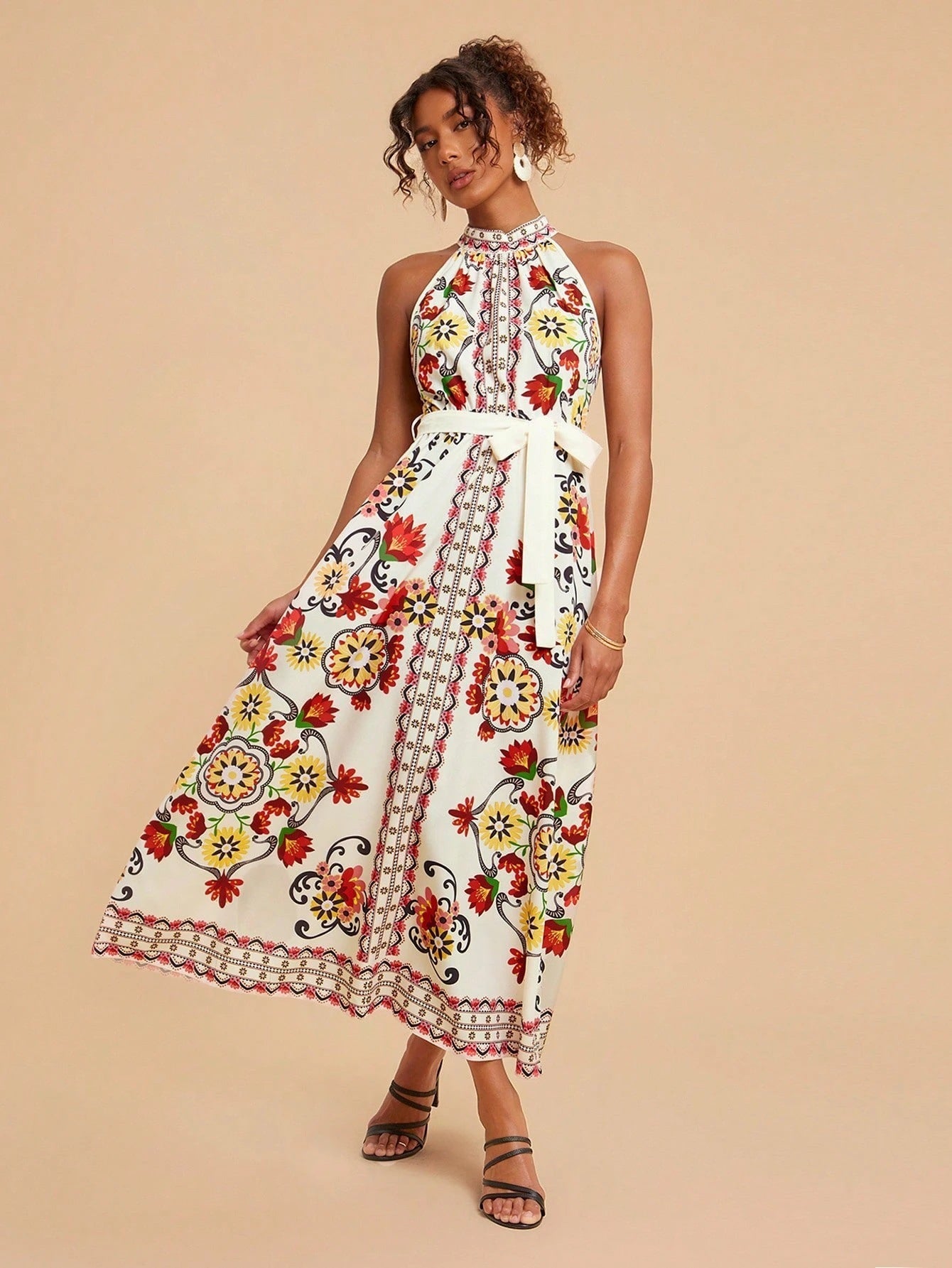 Romantic Floral Print Midi Dress with Lace-Up Sleeveless Accents-Floral Dress-Theone Apparel