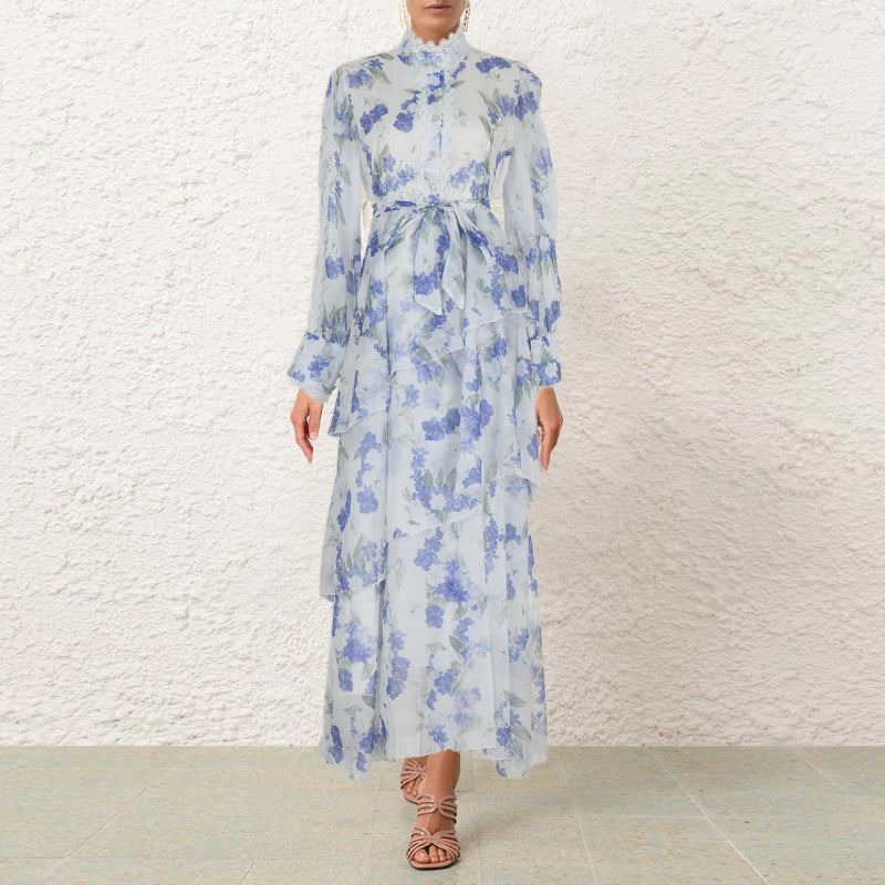 Ruffled Lace-Detail Dress with Irregular Hemline Charm-Blue-Theone Apparel