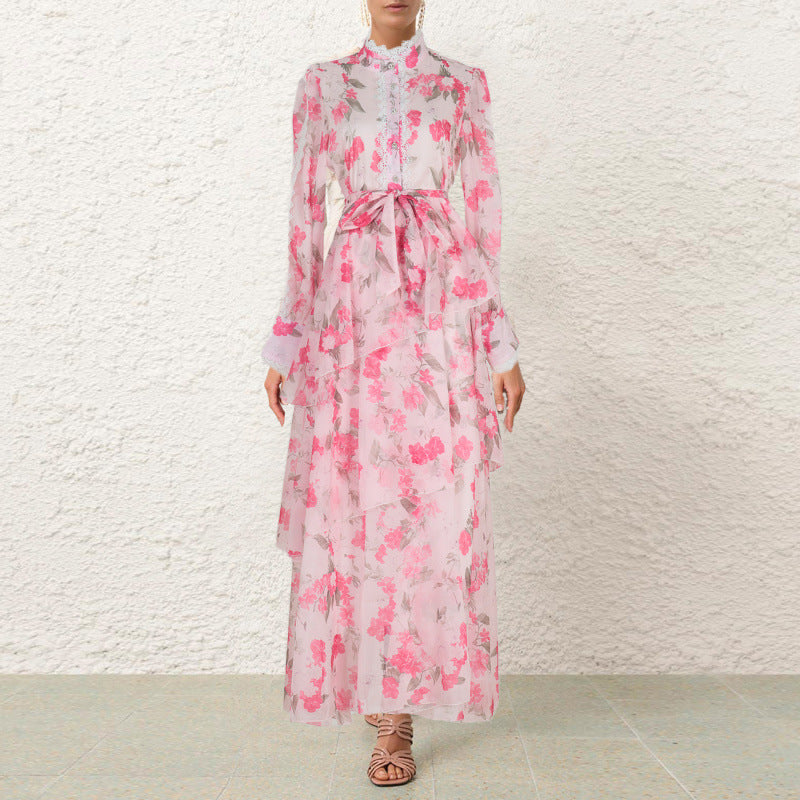 Ruffled Lace-Detail Dress with Irregular Hemline Charm-Pink-Theone Apparel