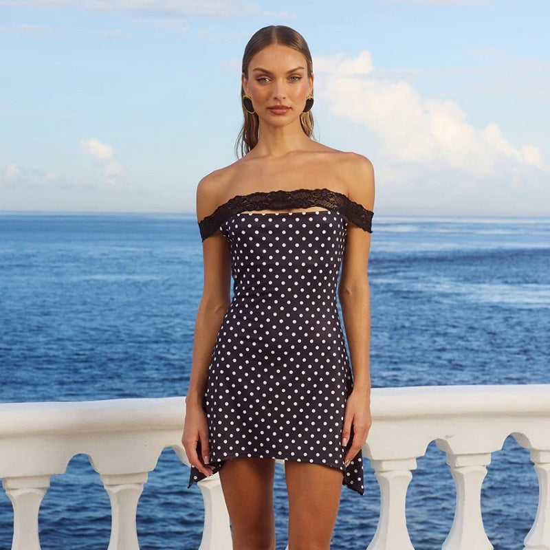 Sexy Off-Shoulder Pure Lace Slim-Fit Dot Dress for Nights-Theone Apparel